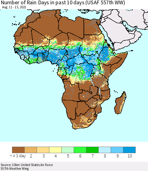 Africa Number of Rain Days in past 10 days (USAF 557th WW) Thematic Map For 8/11/2021 - 8/15/2021