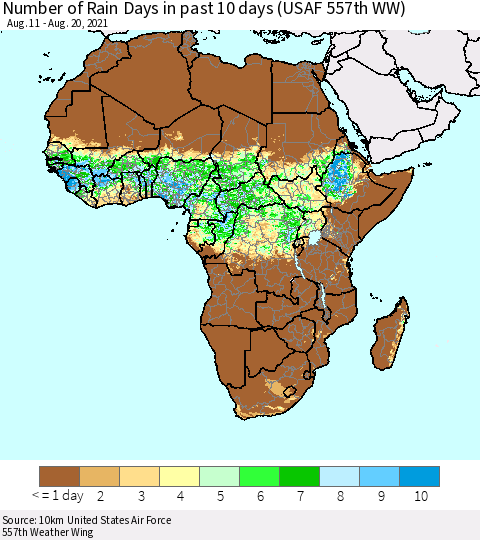 Africa Number of Rain Days in past 10 days (USAF 557th WW) Thematic Map For 8/16/2021 - 8/20/2021