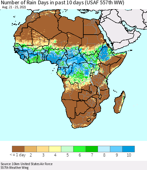 Africa Number of Rain Days in past 10 days (USAF 557th WW) Thematic Map For 8/21/2021 - 8/25/2021