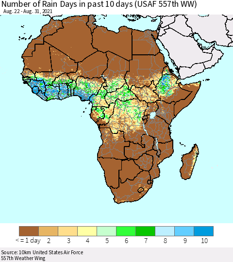 Africa Number of Rain Days in past 10 days (USAF 557th WW) Thematic Map For 8/26/2021 - 8/31/2021