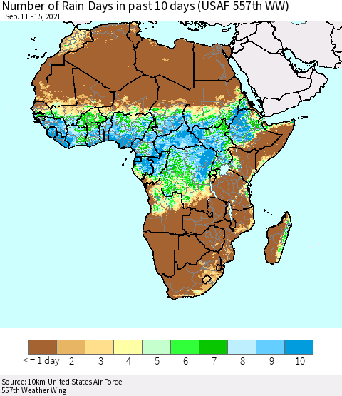 Africa Number of Rain Days in past 10 days (USAF 557th WW) Thematic Map For 9/11/2021 - 9/15/2021