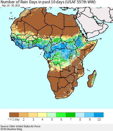 Africa Number of Rain Days in past 10 days (USAF 557th WW) Thematic Map For 9/16/2021 - 9/20/2021