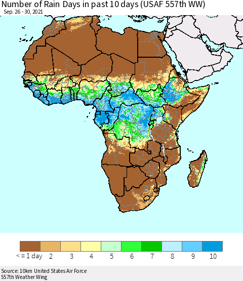 Africa Number of Rain Days in past 10 days (USAF 557th WW) Thematic Map For 9/26/2021 - 9/30/2021