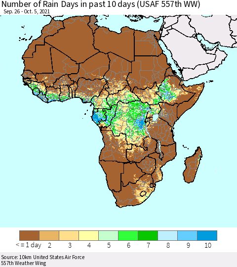 Africa Number of Rain Days in past 10 days (USAF 557th WW) Thematic Map For 10/1/2021 - 10/5/2021