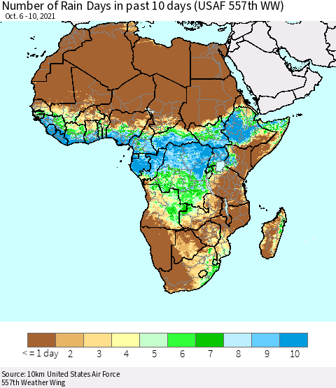 Africa Number of Rain Days in past 10 days (USAF 557th WW) Thematic Map For 10/6/2021 - 10/10/2021