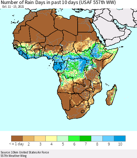Africa Number of Rain Days in past 10 days (USAF 557th WW) Thematic Map For 10/11/2021 - 10/15/2021