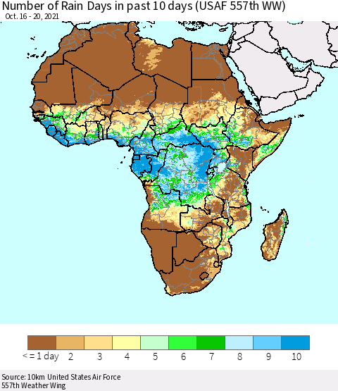 Africa Number of Rain Days in past 10 days (USAF 557th WW) Thematic Map For 10/16/2021 - 10/20/2021