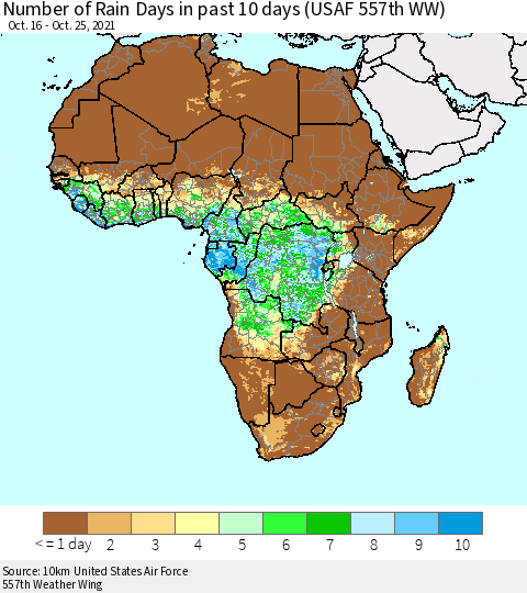 Africa Number of Rain Days in past 10 days (USAF 557th WW) Thematic Map For 10/21/2021 - 10/25/2021
