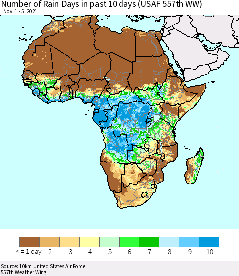 Africa Number of Rain Days in past 10 days (USAF 557th WW) Thematic Map For 11/1/2021 - 11/5/2021