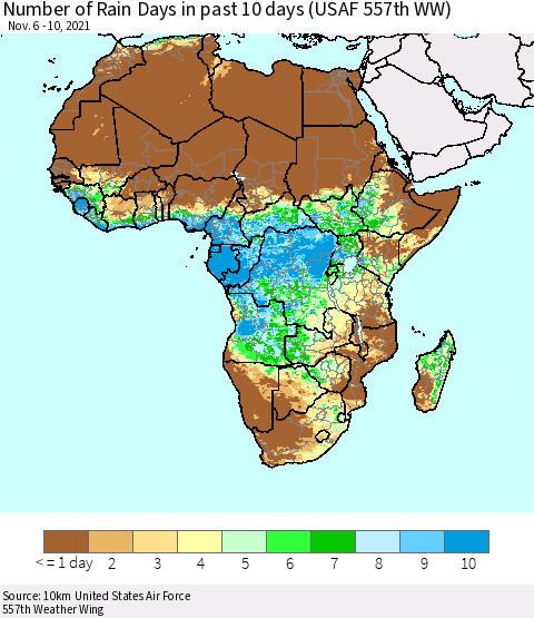 Africa Number of Rain Days in past 10 days (USAF 557th WW) Thematic Map For 11/6/2021 - 11/10/2021