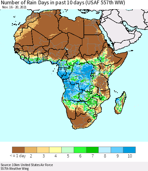 Africa Number of Rain Days in past 10 days (USAF 557th WW) Thematic Map For 11/16/2021 - 11/20/2021