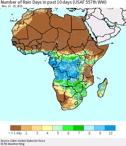 Africa Number of Rain Days in past 10 days (USAF 557th WW) Thematic Map For 11/21/2021 - 11/25/2021