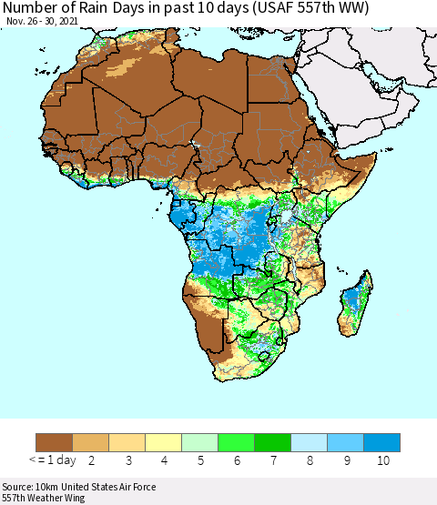 Africa Number of Rain Days in past 10 days (USAF 557th WW) Thematic Map For 11/26/2021 - 11/30/2021