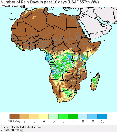 Africa Number of Rain Days in past 10 days (USAF 557th WW) Thematic Map For 12/1/2021 - 12/5/2021