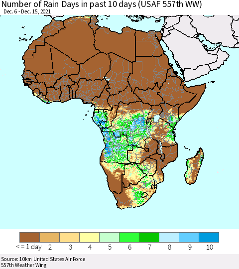 Africa Number of Rain Days in past 10 days (USAF 557th WW) Thematic Map For 12/11/2021 - 12/15/2021