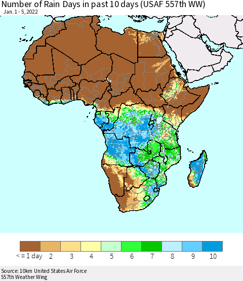 Africa Number of Rain Days in past 10 days (USAF 557th WW) Thematic Map For 1/1/2022 - 1/5/2022