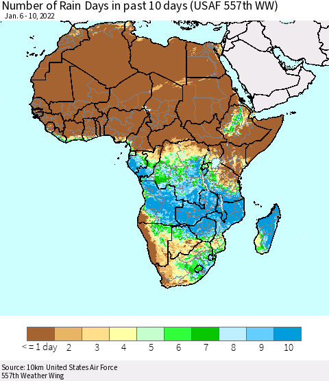 Africa Number of Rain Days in past 10 days (USAF 557th WW) Thematic Map For 1/6/2022 - 1/10/2022