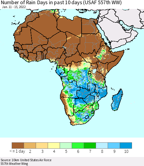 Africa Number of Rain Days in past 10 days (USAF 557th WW) Thematic Map For 1/11/2022 - 1/15/2022