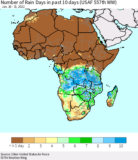 Africa Number of Rain Days in past 10 days (USAF 557th WW) Thematic Map For 1/26/2022 - 1/31/2022