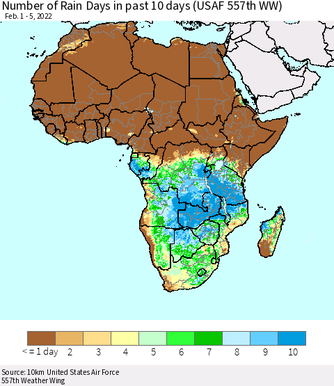 Africa Number of Rain Days in past 10 days (USAF 557th WW) Thematic Map For 2/1/2022 - 2/5/2022