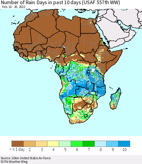 Africa Number of Rain Days in past 10 days (USAF 557th WW) Thematic Map For 2/16/2022 - 2/20/2022