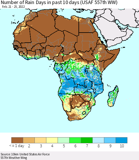 Africa Number of Rain Days in past 10 days (USAF 557th WW) Thematic Map For 2/21/2022 - 2/25/2022