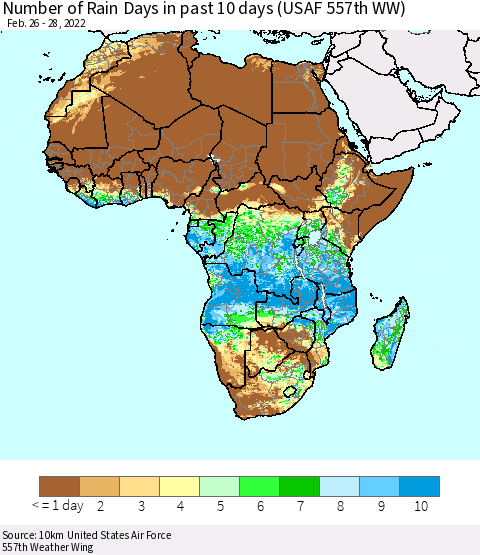 Africa Number of Rain Days in past 10 days (USAF 557th WW) Thematic Map For 2/26/2022 - 2/28/2022