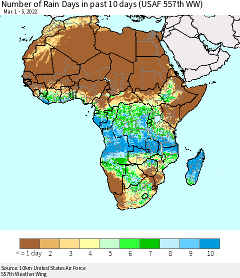 Africa Number of Rain Days in past 10 days (USAF 557th WW) Thematic Map For 3/1/2022 - 3/5/2022