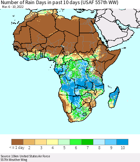 Africa Number of Rain Days in past 10 days (USAF 557th WW) Thematic Map For 3/6/2022 - 3/10/2022