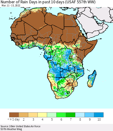 Africa Number of Rain Days in past 10 days (USAF 557th WW) Thematic Map For 3/11/2022 - 3/15/2022