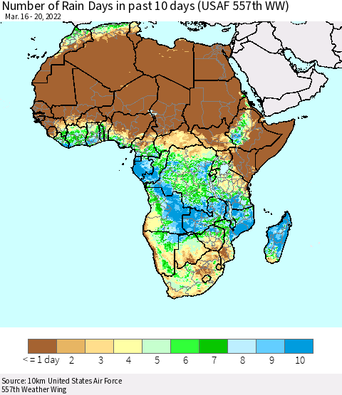 Africa Number of Rain Days in past 10 days (USAF 557th WW) Thematic Map For 3/16/2022 - 3/20/2022