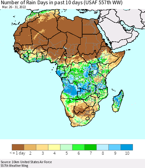 Africa Number of Rain Days in past 10 days (USAF 557th WW) Thematic Map For 3/26/2022 - 3/31/2022