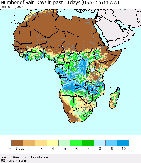 Africa Number of Rain Days in past 10 days (USAF 557th WW) Thematic Map For 4/6/2022 - 4/10/2022