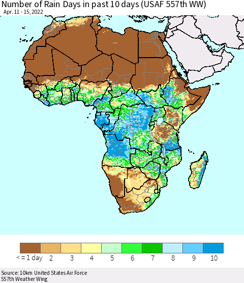 Africa Number of Rain Days in past 10 days (USAF 557th WW) Thematic Map For 4/11/2022 - 4/15/2022