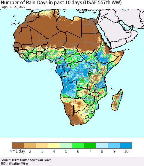 Africa Number of Rain Days in past 10 days (USAF 557th WW) Thematic Map For 4/16/2022 - 4/20/2022