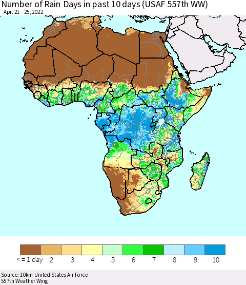Africa Number of Rain Days in past 10 days (USAF 557th WW) Thematic Map For 4/21/2022 - 4/25/2022
