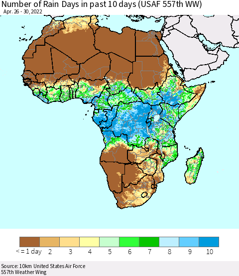 Africa Number of Rain Days in past 10 days (USAF 557th WW) Thematic Map For 4/26/2022 - 4/30/2022