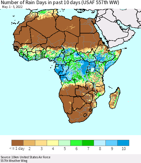 Africa Number of Rain Days in past 10 days (USAF 557th WW) Thematic Map For 5/1/2022 - 5/5/2022