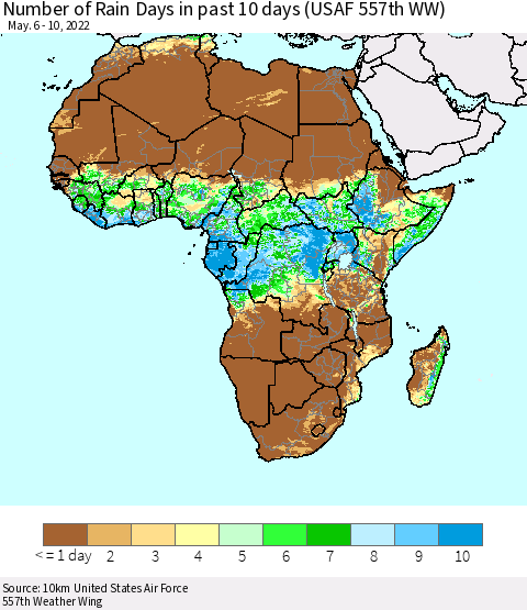 Africa Number of Rain Days in past 10 days (USAF 557th WW) Thematic Map For 5/6/2022 - 5/10/2022