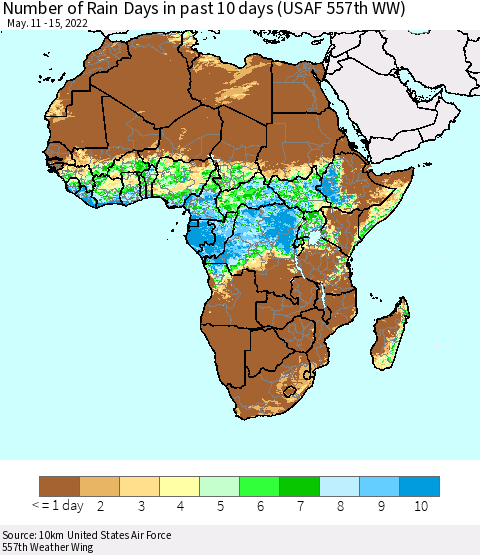 Africa Number of Rain Days in past 10 days (USAF 557th WW) Thematic Map For 5/11/2022 - 5/15/2022