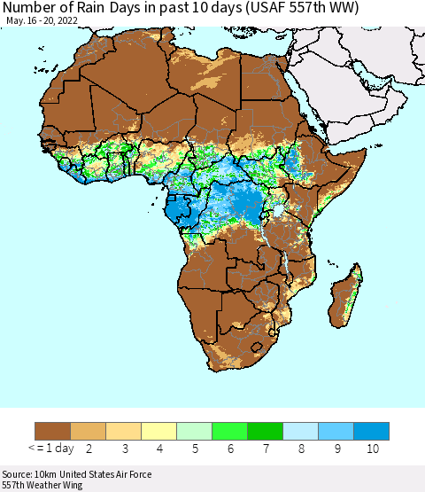 Africa Number of Rain Days in past 10 days (USAF 557th WW) Thematic Map For 5/16/2022 - 5/20/2022