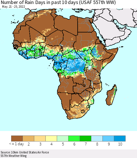 Africa Number of Rain Days in past 10 days (USAF 557th WW) Thematic Map For 5/21/2022 - 5/25/2022