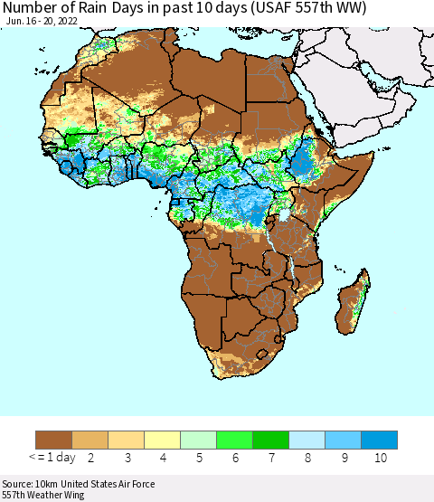 Africa Number of Rain Days in past 10 days (USAF 557th WW) Thematic Map For 6/16/2022 - 6/20/2022