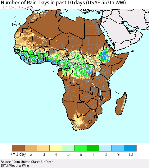 Africa Number of Rain Days in past 10 days (USAF 557th WW) Thematic Map For 6/21/2022 - 6/25/2022