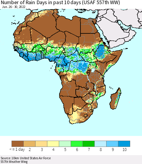 Africa Number of Rain Days in past 10 days (USAF 557th WW) Thematic Map For 6/26/2022 - 6/30/2022