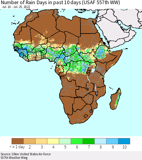 Africa Number of Rain Days in past 10 days (USAF 557th WW) Thematic Map For 7/21/2022 - 7/25/2022