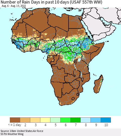 Africa Number of Rain Days in past 10 days (USAF 557th WW) Thematic Map For 8/11/2022 - 8/15/2022