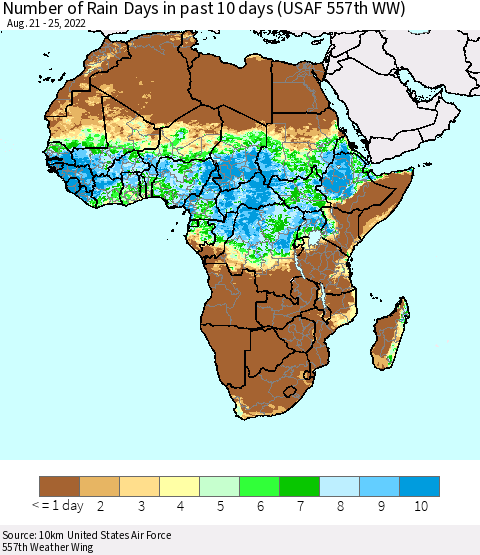 Africa Number of Rain Days in past 10 days (USAF 557th WW) Thematic Map For 8/21/2022 - 8/25/2022