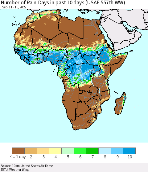 Africa Number of Rain Days in past 10 days (USAF 557th WW) Thematic Map For 9/11/2022 - 9/15/2022