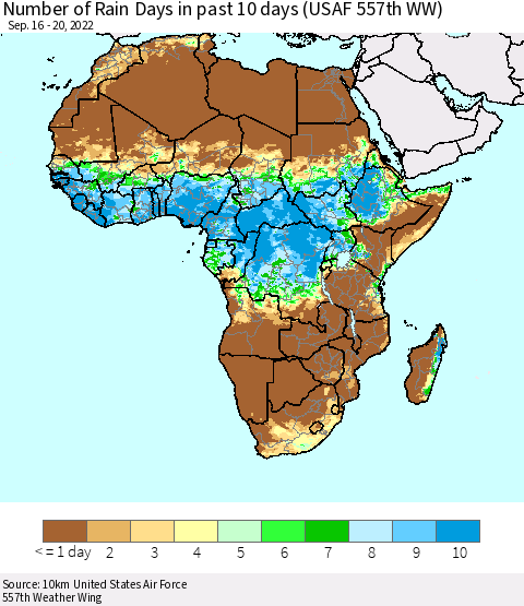 Africa Number of Rain Days in past 10 days (USAF 557th WW) Thematic Map For 9/16/2022 - 9/20/2022